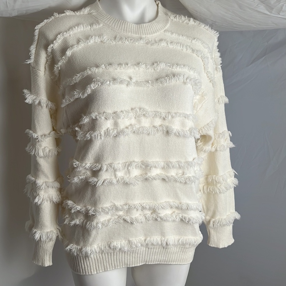 Main Strip ivory crew neck textured crew neck long sleeve sweater